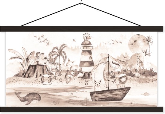 Affiche scolaire safari - Affiche scolaire enfants - Plage - Enfants - Phare - Alpaga - Mer - Animaux - Décoration chambre enfant - Décoration murale - 90x45 cm