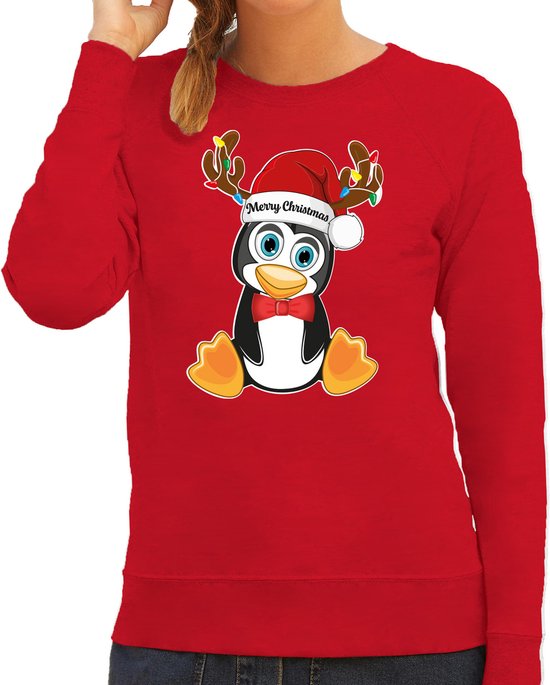 Bellatio Decorations Foute Kersttrui/sweater voor dames - Merry Christmas - rood - kerst pinguin XS