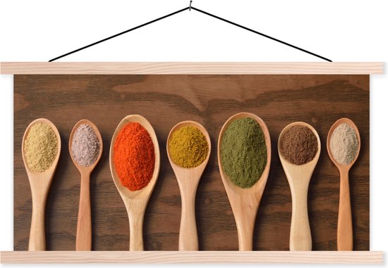 Accroche-affiche incl. Affiche 60x30 cm - Tableau scolaire - Cuillère à pot - Herbes - Alimentation - Épices - Table - Affiche textile - Lattes blanches
