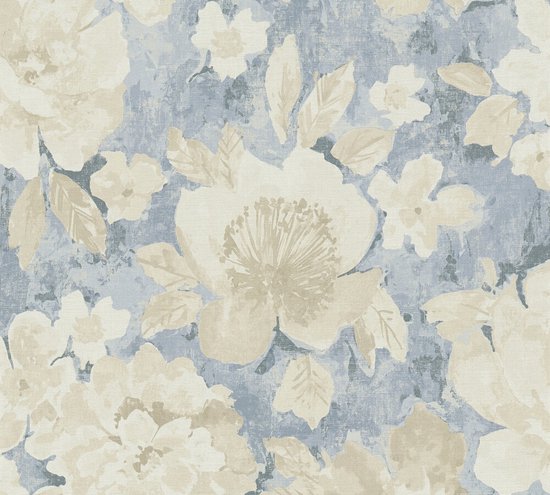 Fleurs et feuilles beiges et crème sur fond bleu.