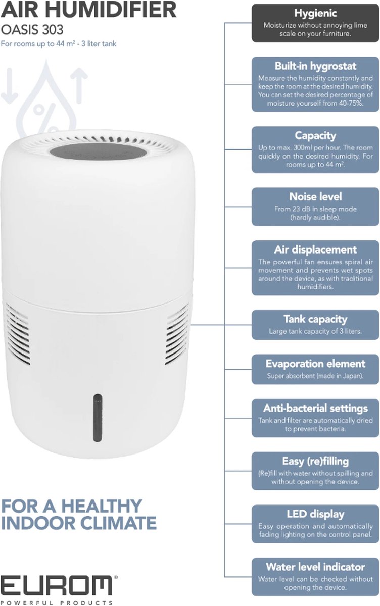 Eurom Oasis 303 WiFi Luchtbevochtiger - 12W - 300 ml/u - 3L thumbnail 7