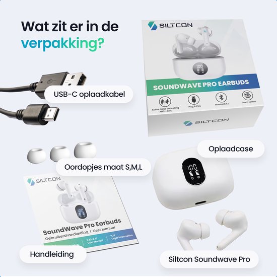 Inhoud van de verpakking: USB-C oplaadkabel, oordopjes maten S, M, L, handleiding en Siltcon SoundWave Pro oordopjes met opladercase.