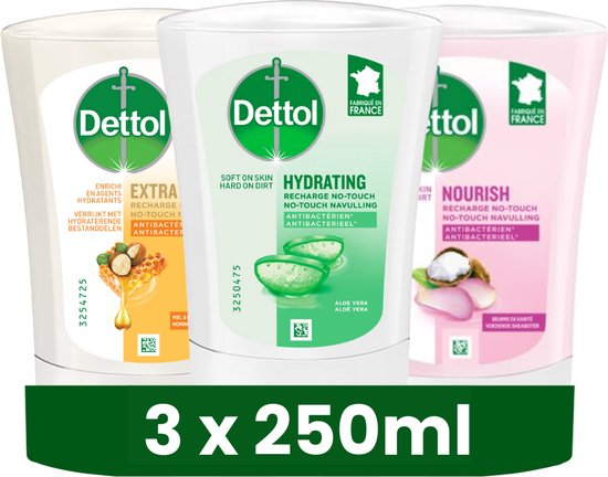 Drie Dettol no-touch navullingen van 250ml: Extra Care honing & sheabutter, Hydrating aloë vera, Nourish galamboter.