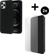 Mobiparts Silicone Cover hoesje geschikt voor Apple iPhone 12 Pro met 2 Screenprotectors van Gehard Glas - Zwart