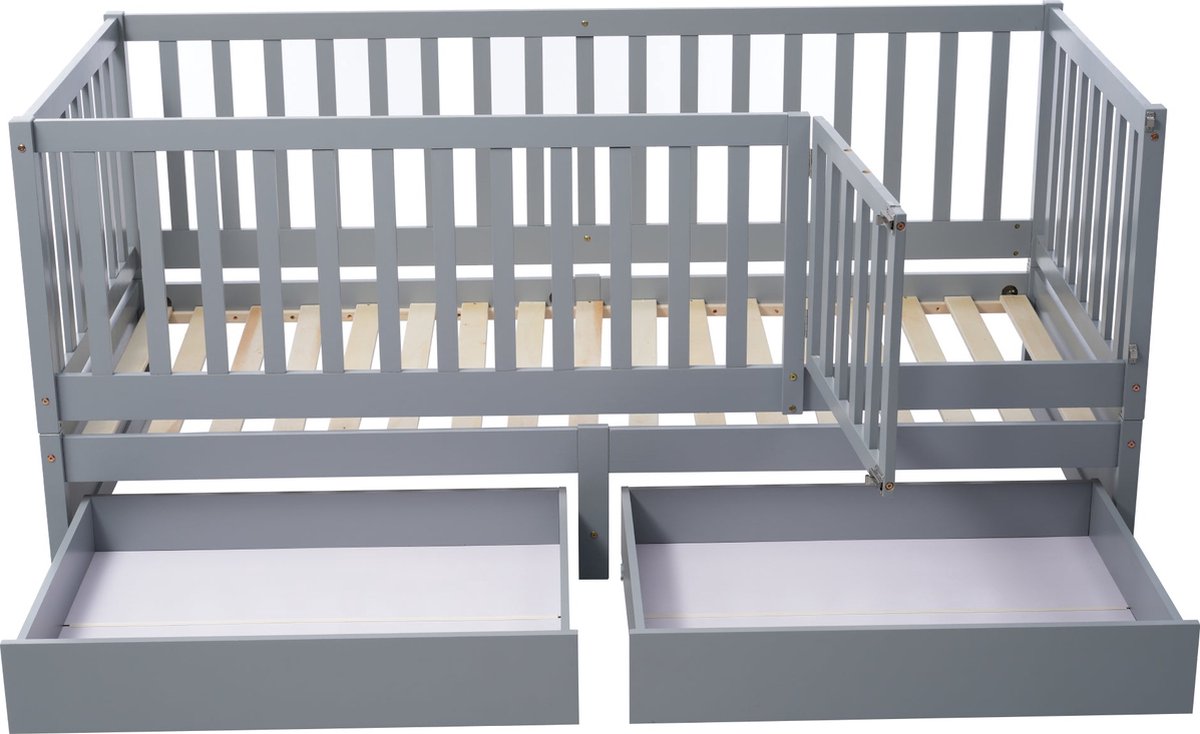 Merax Kinderbed Ledikant 90x200 cm - Bed voor Kinderen met Uitvalbeveiliging - Omvormbaar Bedframe tot 2 Losse Bedden - Grijs