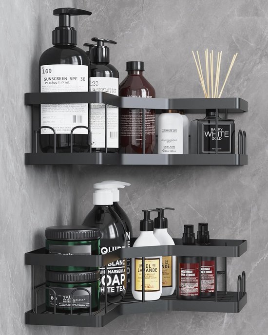 Badkamer Douche Caddy Zelfklevende plank voor shampoo opslag, zonder boren, wandmontage douchemand organizer, roestvrij aluminium met 2 haken, zwart, 32 x 13 cm