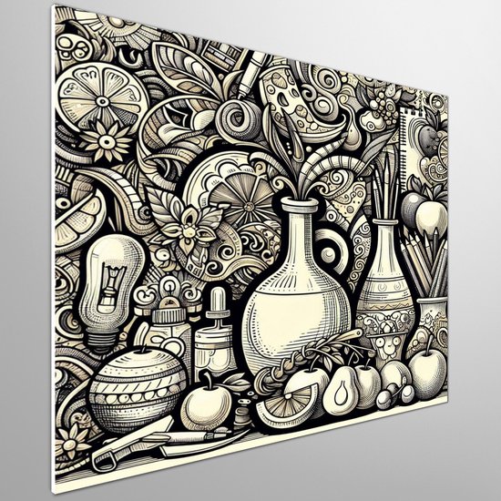 Doodle stilleven schilderij | Abstracte kleurenspel in een dromerig stilleven van doodles en lijnen | Kunst - 60x60 centimeter op Forex | Foto op Forex