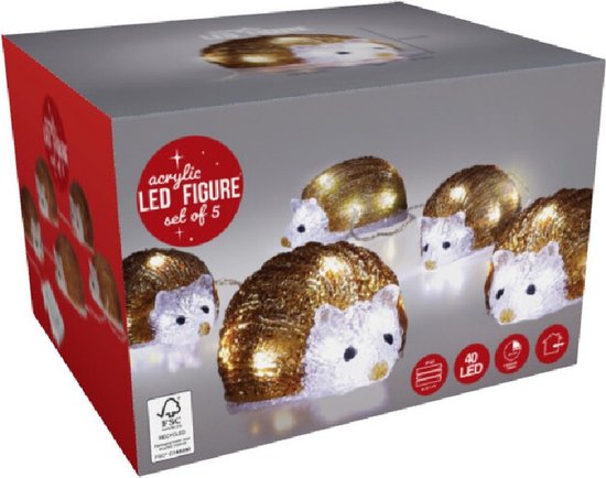 Christmas Decoration Verlichte egels - 5x st- 12,5 x 8 x 6,5 cm - helder witte LED lampjes