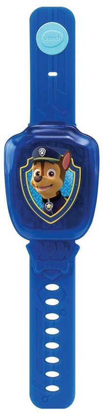 Een blauwe Paw Patrol leerhorloge met Chase op het scherm en een blauwe band.