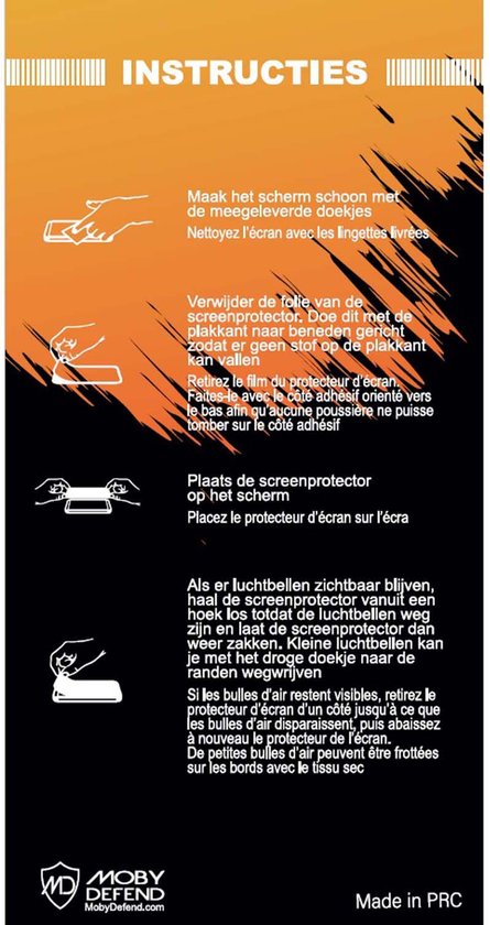 Instructies voor het aanbrengen van een schermprotector. Illustraties tonen reinigen, verwijderen en plaatsen.
