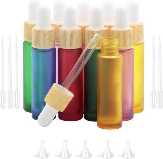 Lot de 10 flacons compte-gouttes en verre de couleur mate de 10 ml pour échantillons d'huiles essentielles avec Tubes d'échantillon - Récipient pour cosmétiques d'aromathérapie