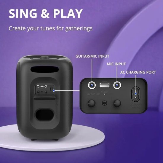 Eszenzics™ Karaoke Partybox - 3-weg Speaker - 120 W - 2 draadloze microfoons - Verlichting kleur en Equalizer via App - Mic en Gitaar input - Zwart van Eszenzics™ — afbeelding 2