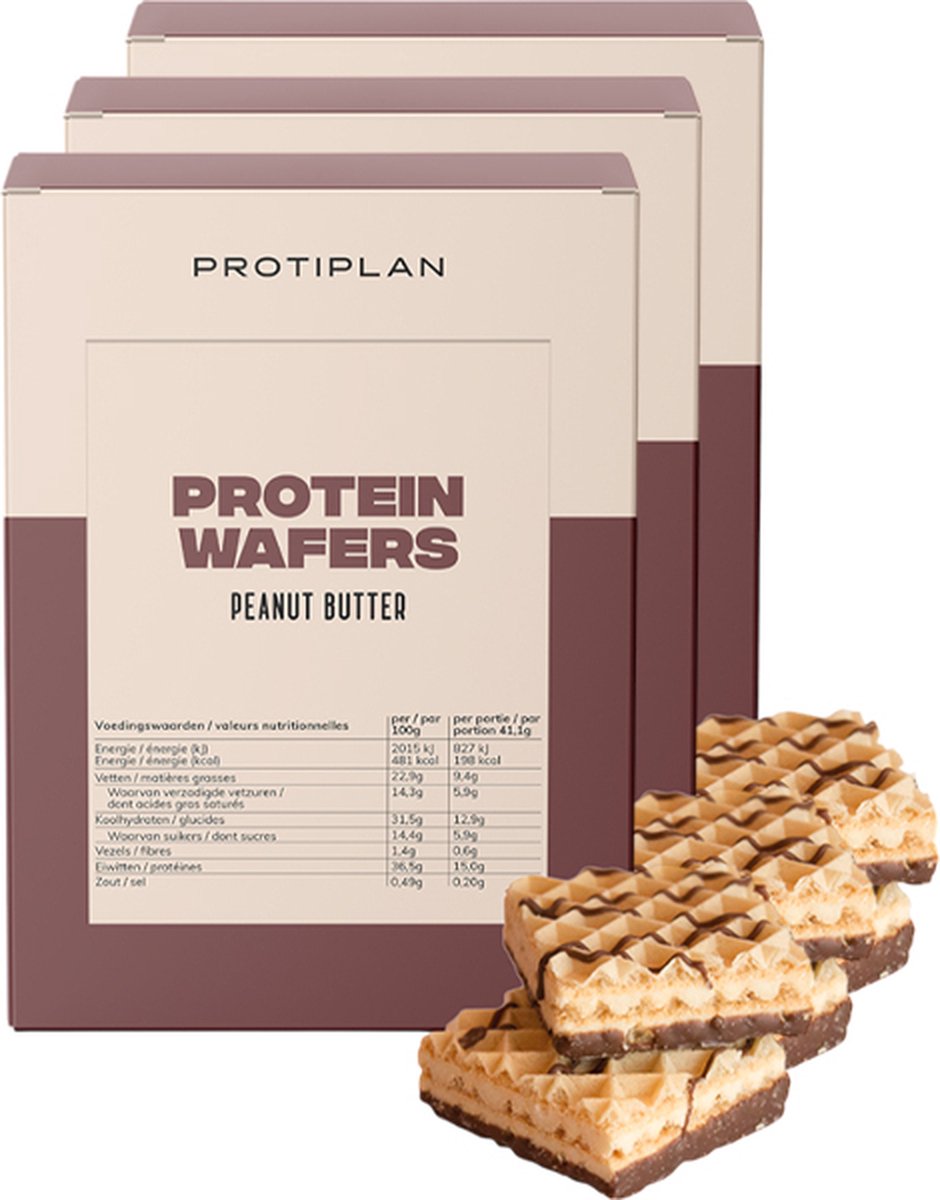 Goedkoopste Protiplan | Wafel Pindakaas | 3 stuks | 3 x 10 x 20,55 gram | Eiwitrepen | Koolhydraatarme sportvoeding | Afslanken met Proteïne repen| Koolhydraatarme Wafel | Snel afvallen zonder hongergevoel!