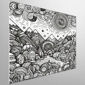 Doodle landschap schilderij | Verwonderend betoverend landschap van krabbels en dromerige kunstwerk | Kunst - 75x75 centimeter op Forex | Foto op Forex