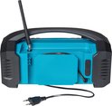 Achterkant van de blauwe radio met antenne, klepje en een gedraaide stekker.