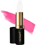 Witte lippenstift met gouden accenten en een roze veeg.