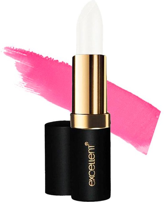 Witte lippenstift met gouden accenten en een roze veeg.