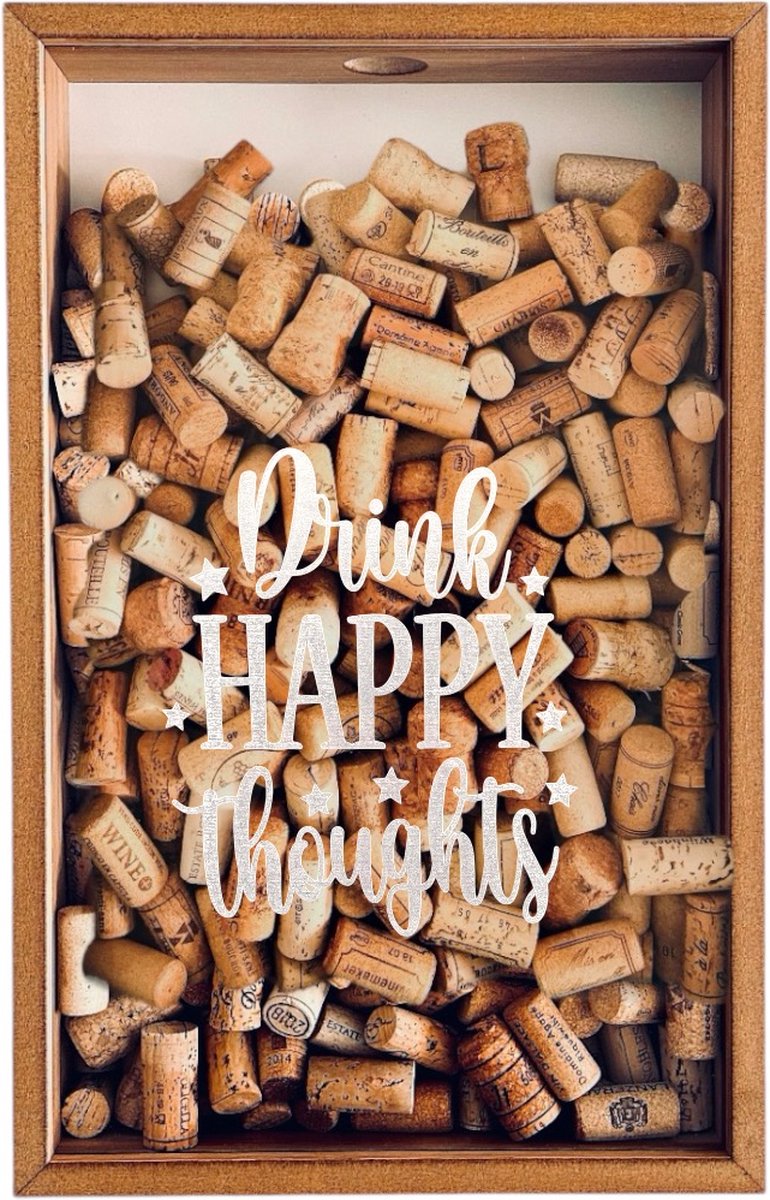 Proostbox Eiken - Drink Happy Thoughts - 50x32cm - Handgemaakte Kurkbox | Wijn cadeau | Wijn Kurkhouder | Wijnkurk bewaardoos