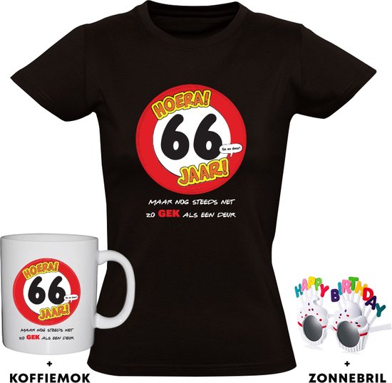 Hoera 66 jaar Dames T-shirt + Koffiemok + Happy birthday bril - 66e verjaardag - feest - grappig - verjaardag