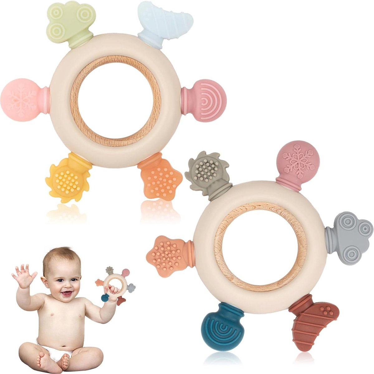 Bijtringen voor baby's - 2 stuks kauwspeelgoed voor 0-12 maanden - Grijpring tandhulp en verkoelend bijtspeelgoed