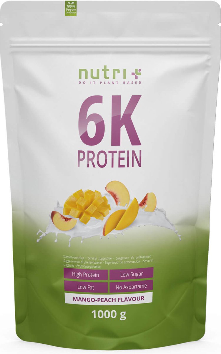 Goedkoopste nutri 6K Protein - Eiwitpoeder Mango Peach - Veganistisch proteïne poeder - met eiwitten uit zes plantaardige grondstoffen - Eiwit Shake - 1000 g