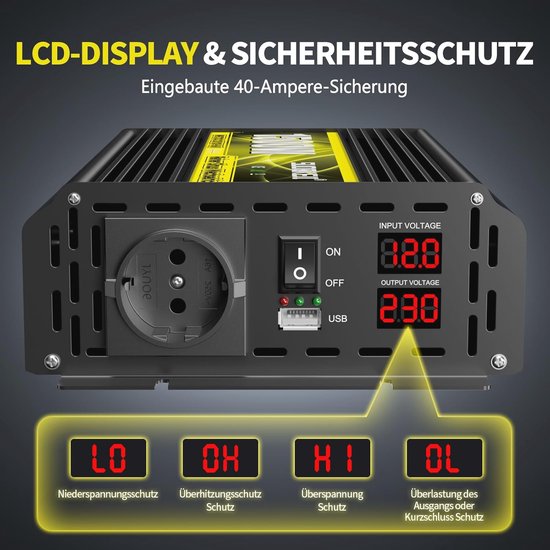 Yinleader Omvormer 12V 230V zuivere sinus 1500W/3000W spanningsomvormer met 4 x USB en 2 DE-stopcontacten