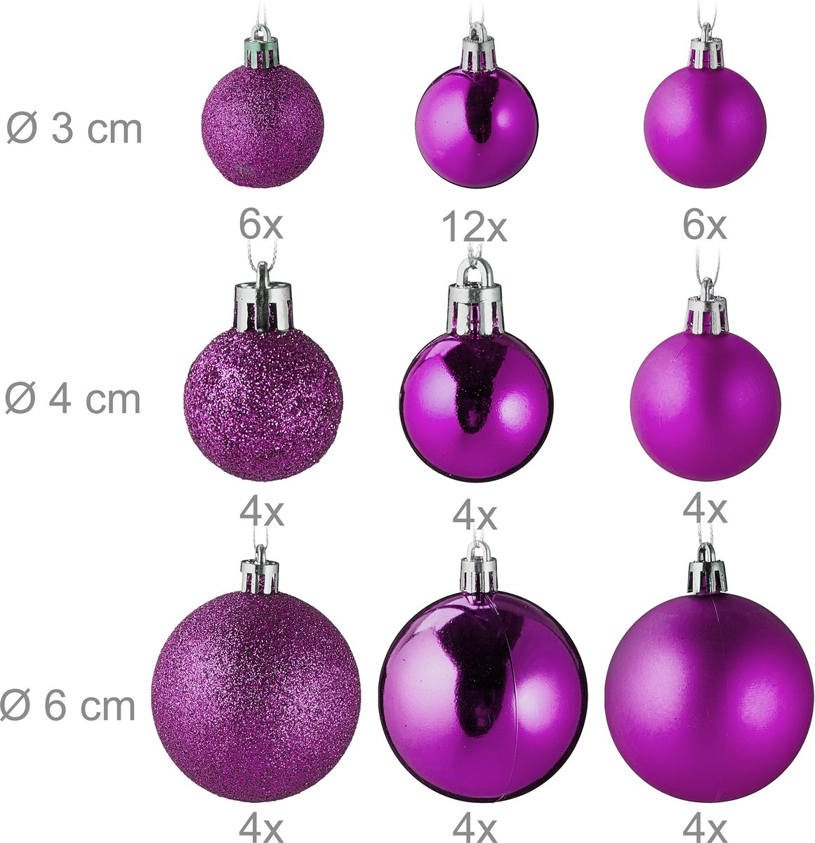 Kerstballen set van 100 - plastic - mat - glanzend - glitters - 10 designs - paars – foto 3