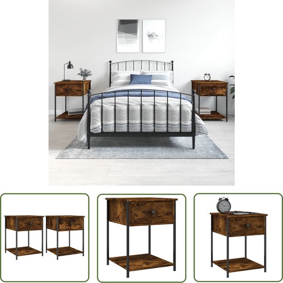 The Living Store Table de Chevet Chêne Fumé - 44 x 45 x 58 cm - Bois et Fer d'ingénierie durable