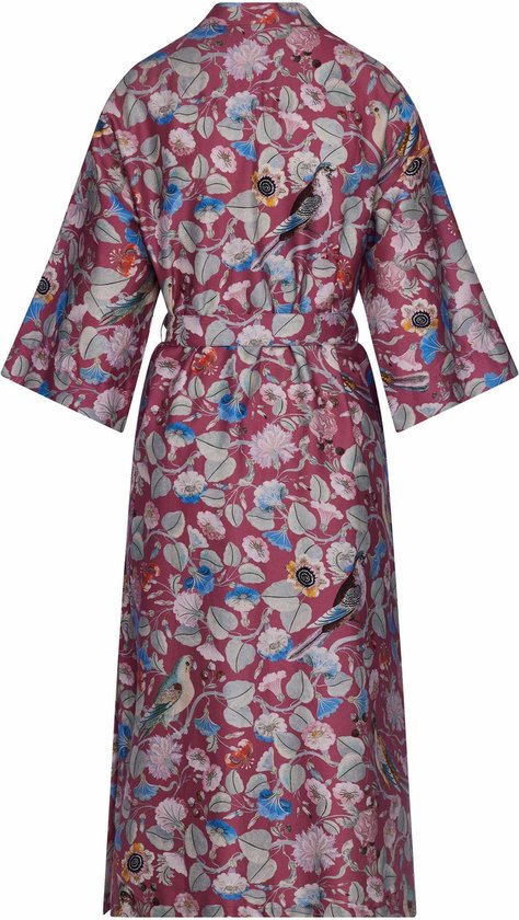 Paarse kimono met bloemen- en vogelprint, ceintuur in de taille.