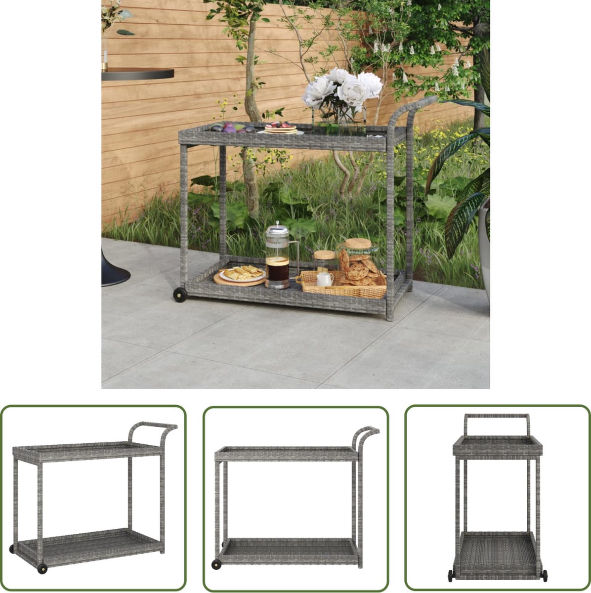 The Living Store Servicewagen Poly Rattan - 100 x 45 x 83 cm - Grijs
