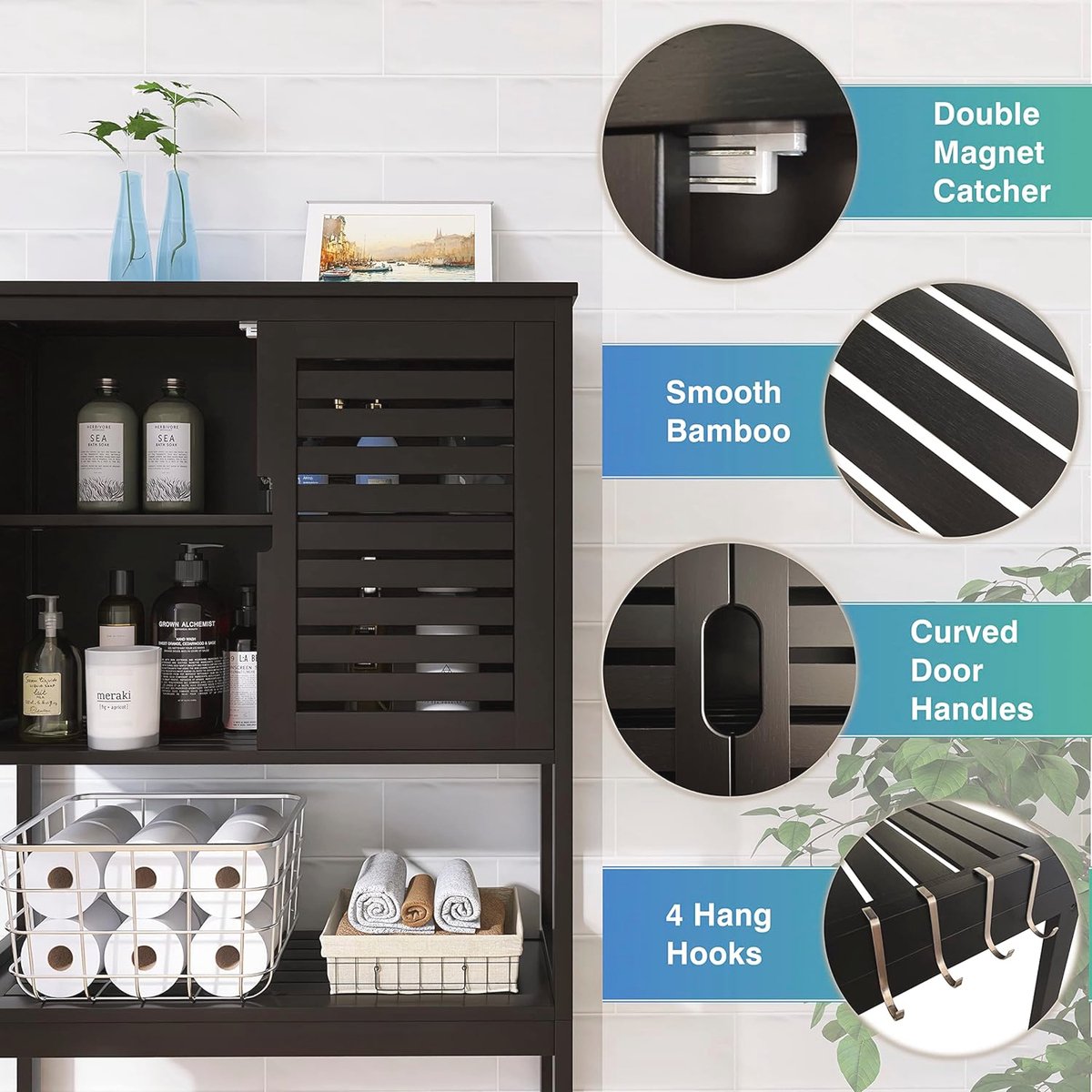 Badkamerkast wandmontage, bamboe over het toilet opberg organizer, space saver Badkamerkast wandmontage, bamboe over het toilet opberg organizer, space saver