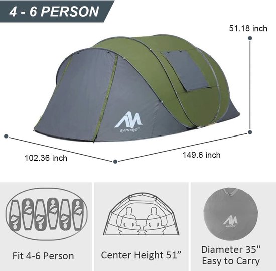 Ruime pop-up tent voor 6 personen - Dubbellaagse waterdichte instanttent met vestibule en automatische opstelling van Forceatt — afbeelding 3