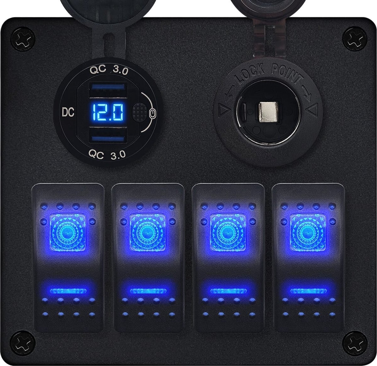 ProRide Schakelpaneel 12V voor Auto/Boot - USB Lader 2 Poorten met Sigaretten stopcontact - QC3.0 - DS2120B - 4 schakelaars