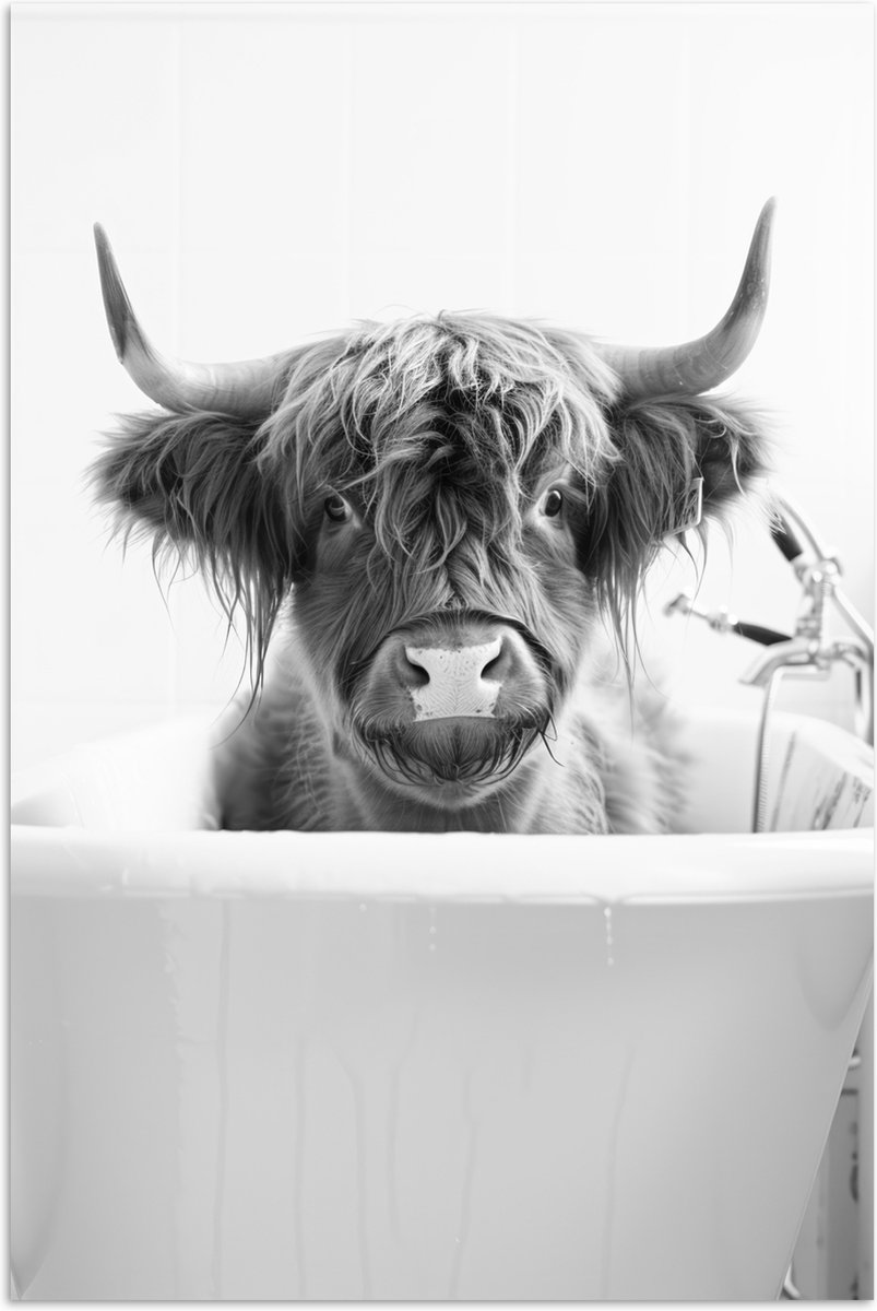 Poster 60x90 cm - Schotse Hooglander - Koe - Bad - Zwart wit - Posters - Wanddecoratie bad