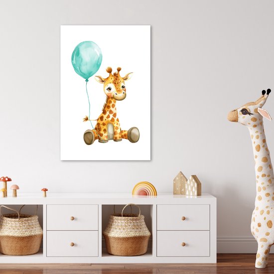 Affiche 60x90 cm - Girafe - Bébé - Animaux - Ballon bleu - Posters - Accessoires de décoration de chambre - Décoration murale chambre enfant - Décoration murale chambre bébé