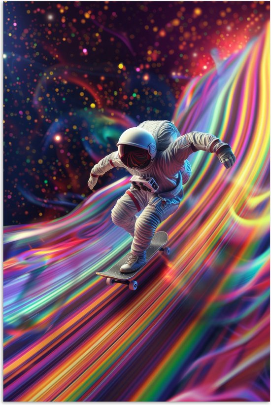 Poster 20x30 cm - Astronaut - Ruimte - Skateboard - Kleurrijk - Posters - Wanddecoratie tienerkamer - Kamer decoratie voor tieners - Tiener jeugdkamer accessoires