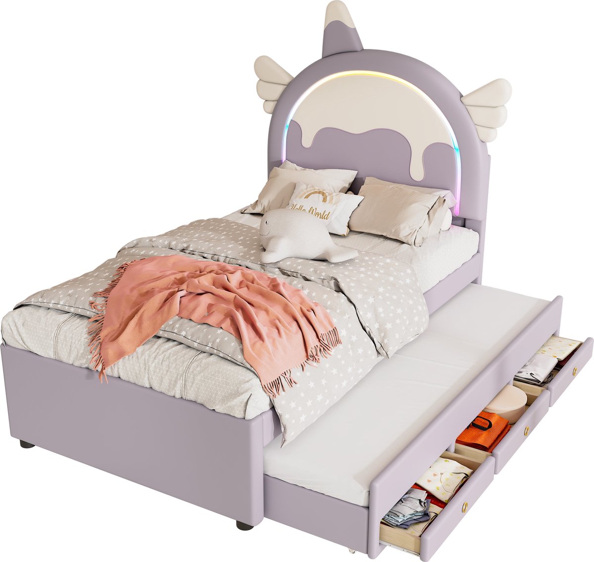 Merax Kinderbed 90x200 cm - Eenhoorn Design met Uitschuifbaar Bed en Lades - Kunstleer Paars