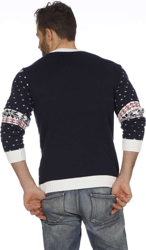 Mauvais pull de Noël bleu avec traîneau pour adultes