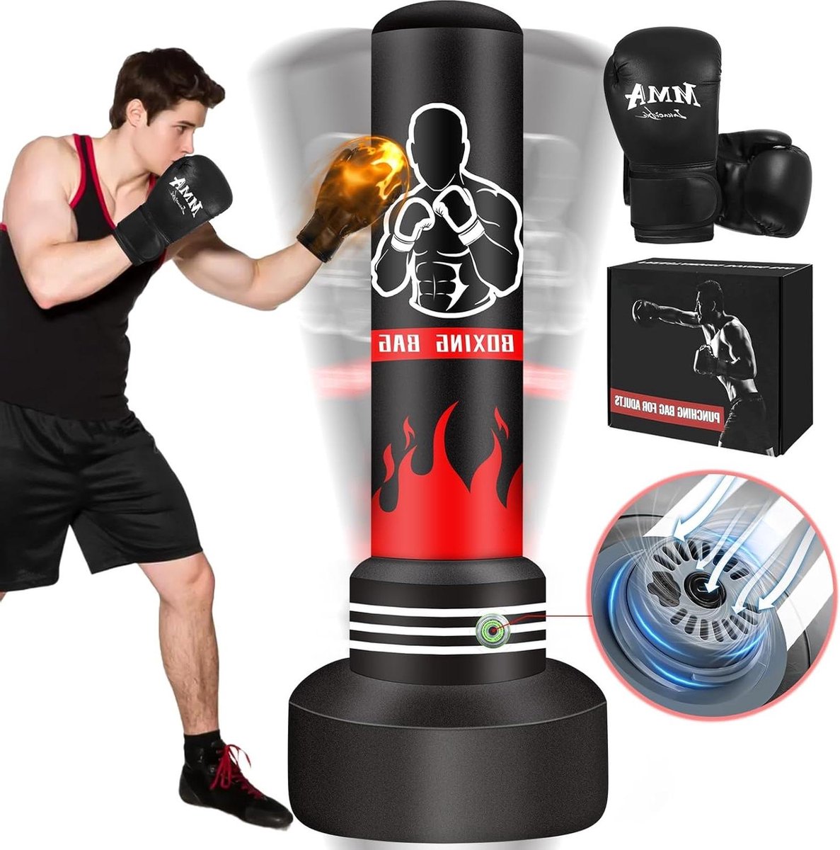 70 inch opgewaardeerde zelfopblazende zware bokszak met standaard en bokshandschoenen - voor volwassenen, dames en heren - kickbokstassen voor training MMA Muay