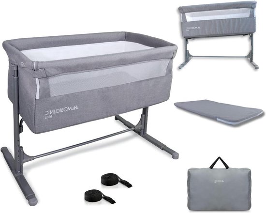 Mobiclinic® kids, Co-slaapwieg, Baby, 2 in 1, Moon, Bevestigingsbanden aan het bed, Verstelbaar 5 hoogtes, Draagtas, Inclusief wielen, Ademend gaas, Verstelbare hoek, Gewatteerde basis