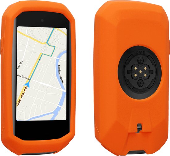 Oranje siliconen fietscomputerhoes, voorkant met kaart, achterkant met aansluitpoorten.