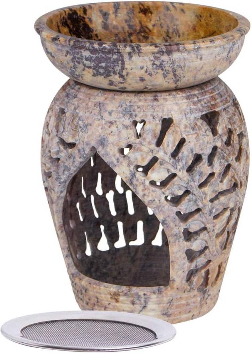 Wierookbrander en geurlamp AMPHORE DUO Softstone - rvs zeef - softstone schaal - H: 13 cm - Ø 9 cm - kopen wierookbrander met zeef