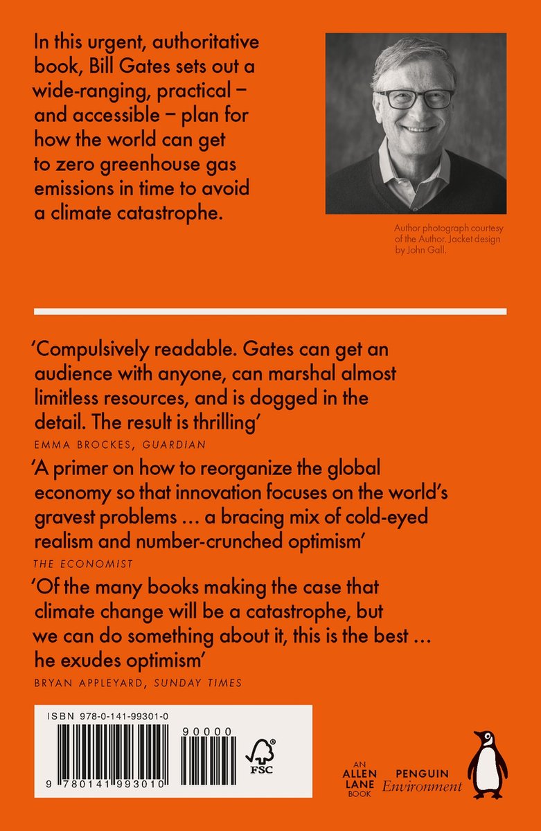 Auteur Bill Gates, in trui en vest, kijkt naar de camera, met op de achtergrond tekst over zijn boek.