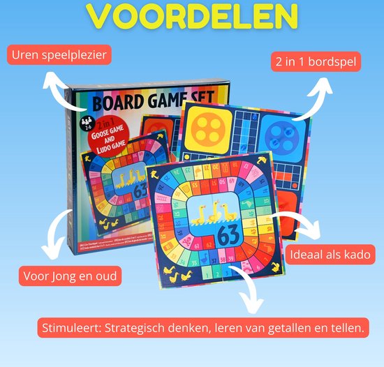 Doos van het bordspel met twee spelborden: Ganzenbord en Ludo, met opschrift 'Voordelen'.