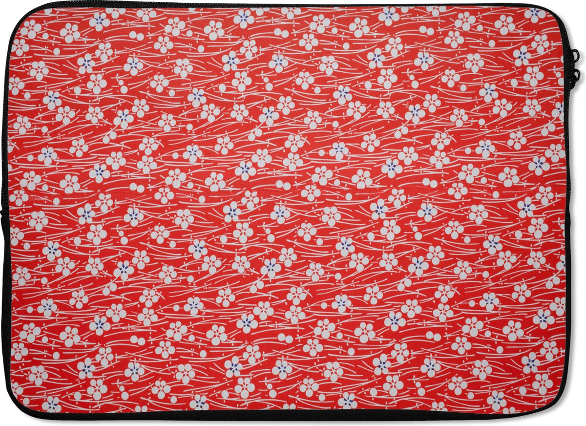Laptophoes 13 inch - Een rood met witte bloemdessin - Laptop sleeve - Binnenmaat 32x22,5 cm - Zwarte achterkant