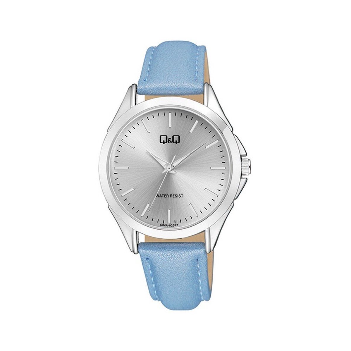 QQ C04A-023PY - Horloge - Analoog - Unisex - Leren band - Rond - Metaal - Streepjes - Lichtblauw - Zilverkleurig