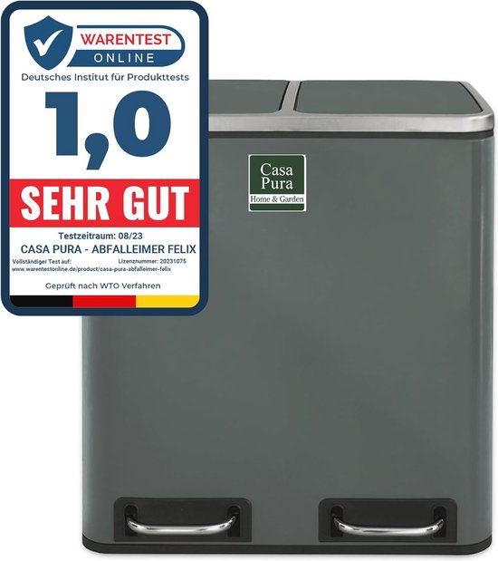 LIFERUN Vuilnisemmer met 2 vakken, 2 x 30 liter, pedaalemmer met geurfilter, deksel, geruisloos, binnenemmer van kunststof, afvalscheidingssysteem, metaal, dubbele afvalemmer voor keuken en kantoor