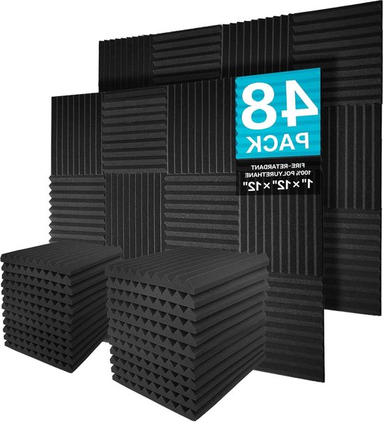 48 stuks houtskoolkleurige wigvormige akoestische panelen van schuim - voor studio's - brand- en geluidwerende akoestische muurpanelen - 25 x 30 x 30 cm - geluidsabsorberend - professionele geluidsisolatie akoestische panelen