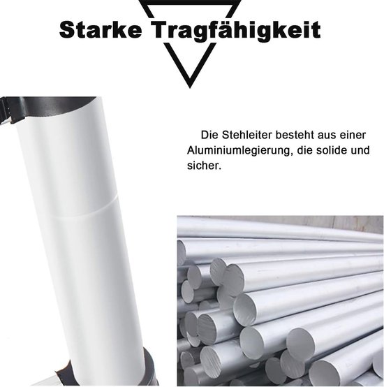 Close-up van zilverkleurige aluminium ladderonderdelen. Tekst: Sterke draagkracht. De ladder is gemaakt van een aluminiumlegering, solide en veilig.