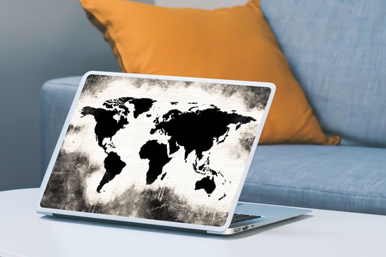 Sticker pour ordinateur portable - 15,6 pouces - Wereldkaart - Zwart - Wit - Bois